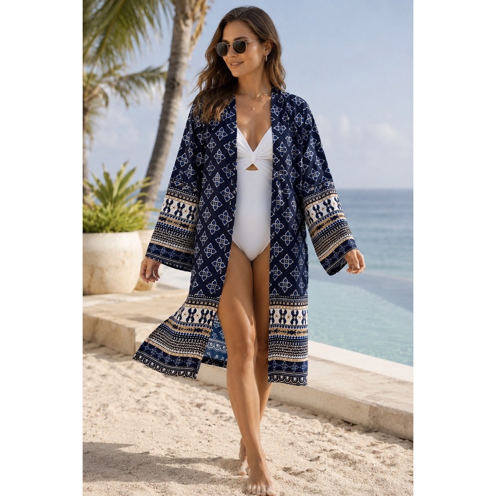 Streetwear Boho Print Open Front Kimono Cover Up Blue White Beach Layering Sz S